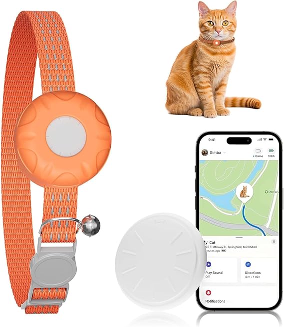 Cat Tracker Compatible with Apple Find My (iOS Only), (Orange)