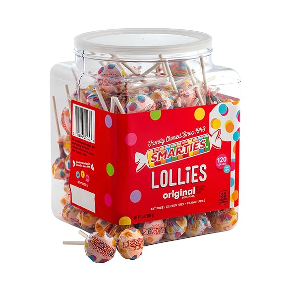 Smarties Lollies - Gluten Free, Peanut Free, Fat Free Assorted Fruity Flavors Lollipops - Low Calorie Perfect for Birthdays, Parties - Made by US Candy Company Since 1949 - 34 oz 120 Count Pack of 1