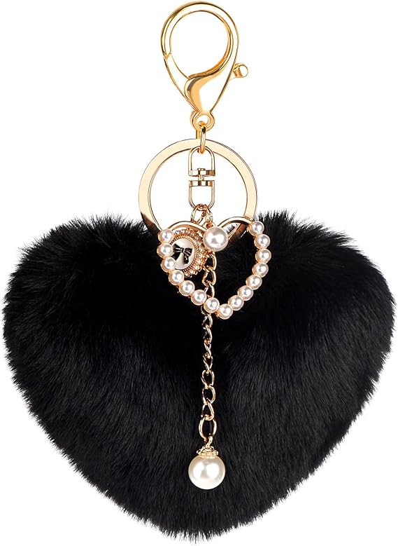 Heart Plush Keychain, Faux Fur Pom Pom Bag Charms