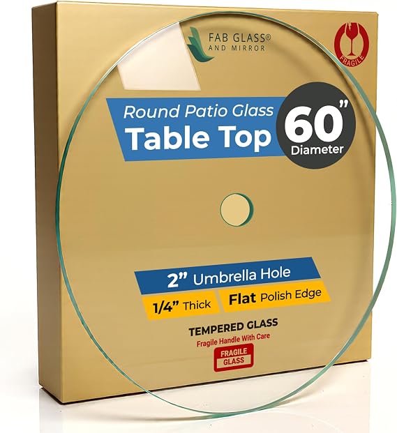 Round Clear Tempered Glass Table Top 60 Inch with 1/4 Inch Thick Flat Polished Edge w/ 2" Hole, Ideal for Tables Desks Workspaces and Outdoor Furniture by Fab Glass and Mirror