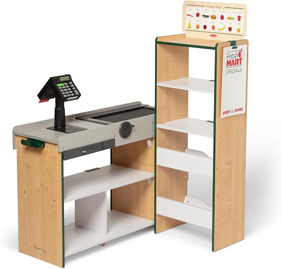 Melissa & Doug Fresh Mart Grocery Store with Scanner & Conveyor Belt + 70-Piece Companion Set with Play Food, Shopping Accessories & Grocery Items