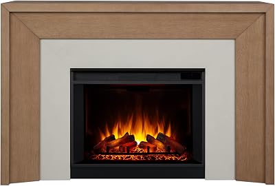 Real Flame Brooks 64 Grand Electric Fireplace with Mantel for Living Room or Bedroom, Replaceable Fireplace Insert Heater, Realistic Log and Flame Effect, Remote Control, Timer Classic White Oak.