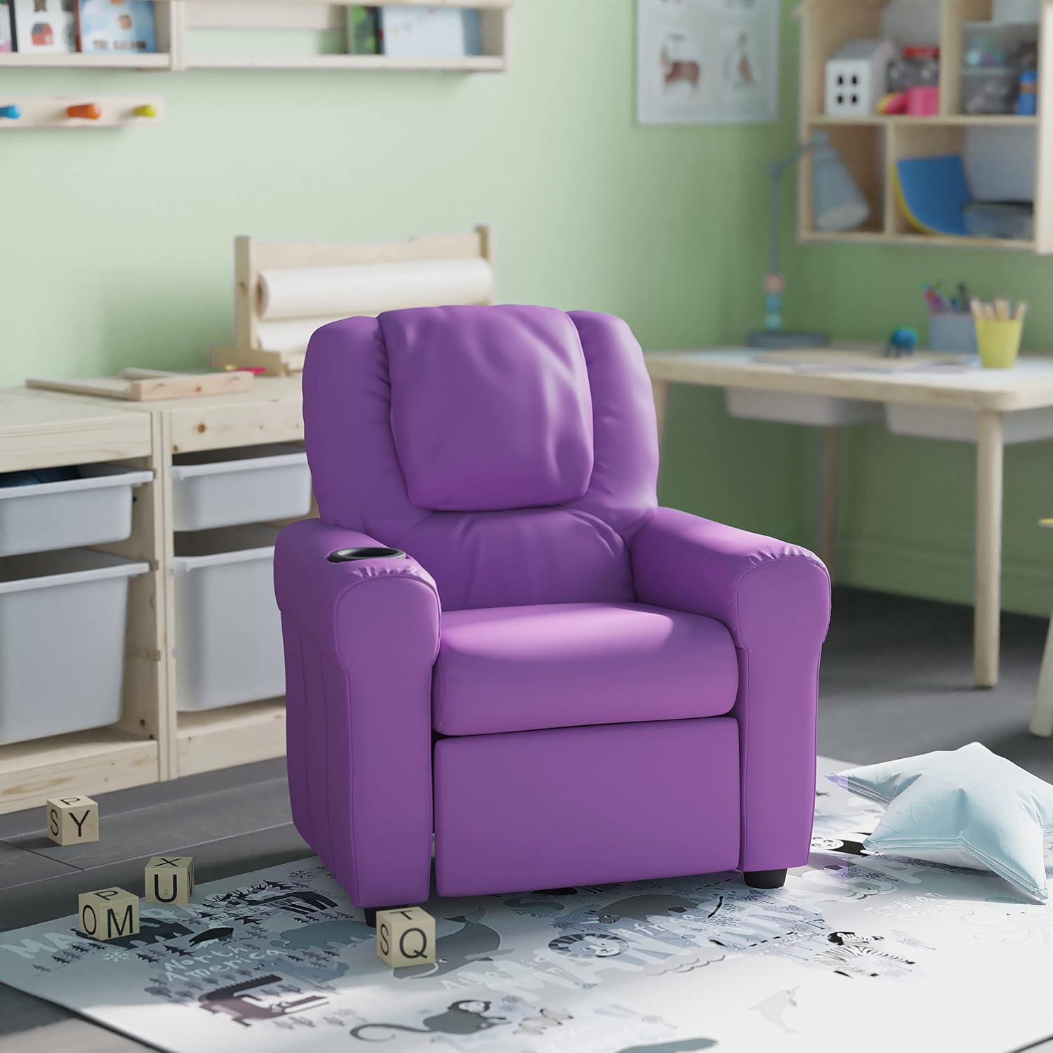 HBCY Creations Kids Recliner - Lavender Vinyl Upholstery - Integrated Cupholder - Padded Headrest - Safety Recline Feature