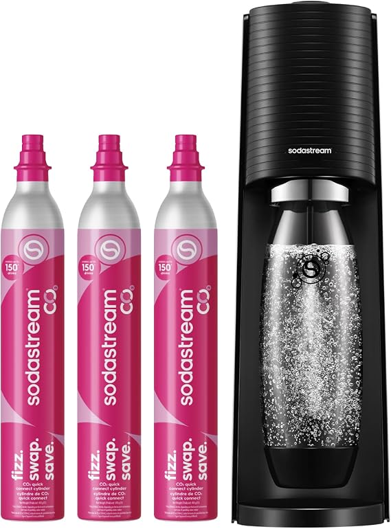 SodaStream TERRA Sparkling Water Maker, CO2 Bundle, CQC CO2 System, Includes 3 Quick Connect 60L CO2 Cylinders, 1 Dishwasher Safe BPA Free Bottle, Make your own Pepsi, Black