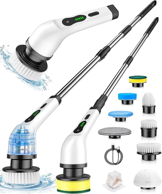Electric Spin Scrubber, Cordless Cleaning Brush, Shower Scrubber with 8 Brush Heads 2H Power Dual Speed, Adjustable Extension Handle, IPX7 Waterproof for Tub Tile Car Floor Polishers, PA-25.
