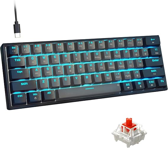 Snpurdiri 60% Wired Mechanical Gaming Keyboard (Black-Grey, Red Switches) | Ice Blue LED Backlit 61 Keys Mini Wired Office Keyboard for Windows Laptop PC Mac