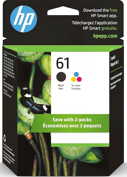 HP 61 Black/Tri-Color Ink Cartridges (2-Pack) | Works with DeskJet 1000, 1510, 2050, 2510, 3000, 3510; Envy 4500, 5530; OfficeJet 2620, 4630 | Eligible for Instant Ink | CR259FN