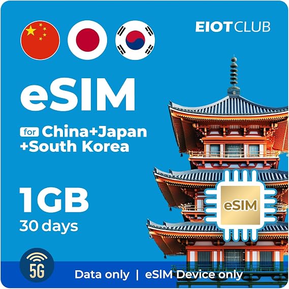 EIOTCLUB Asia Travel eSIM, 1GB 30-Day, China Japan Korea & More