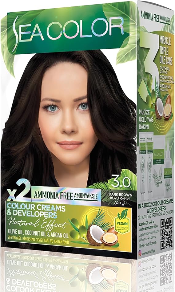 SEA COLOR Amonyaksız, Vegan, Doğal, Besleyici Kalıcı Saç Boyası%100 Beyaz Kapama (1 PAKET 2 x 50 ml Boya & OKSİDAN) (Koyu Kahve 3.0)