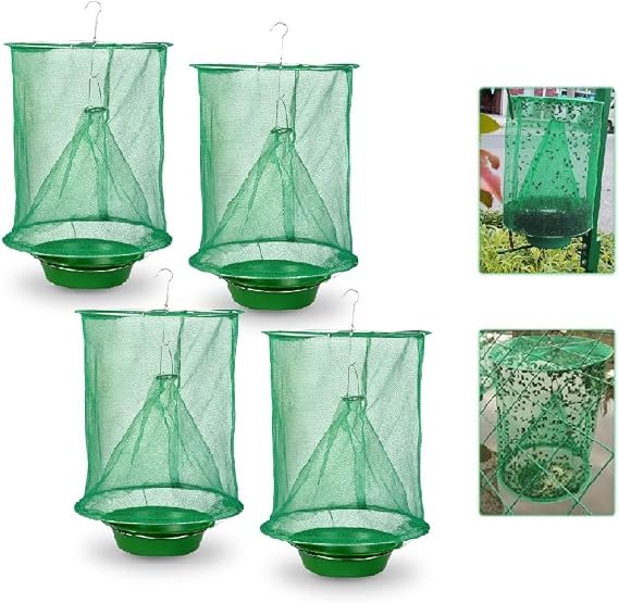 Reusable Ranch Fly Traps Outdoor Hanging Fly Cage-4 Pack | Fly Catcher with Bait Tray, Fly Catcher Killer Hunter Cage Control, Farm Horse Stable Fly Trap for Orchard Barn Garden