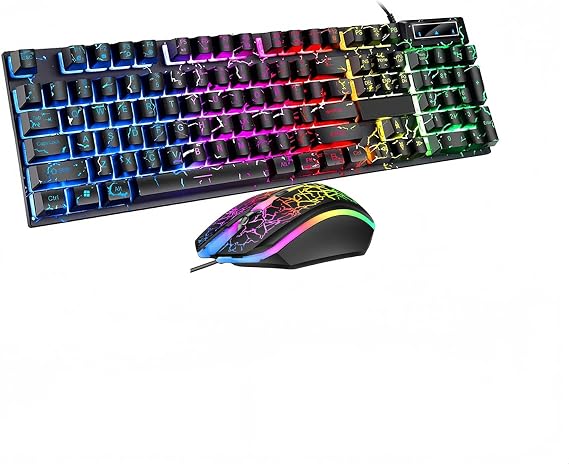 Wired Crack Game Keyboard and Mouse Set with Mechanical Feel, Illuminated Letter Perforated Rainbow LED Mouse and Keyboard,104 Keys Numeric Keypad, LED Indicators, for Office,Gaming