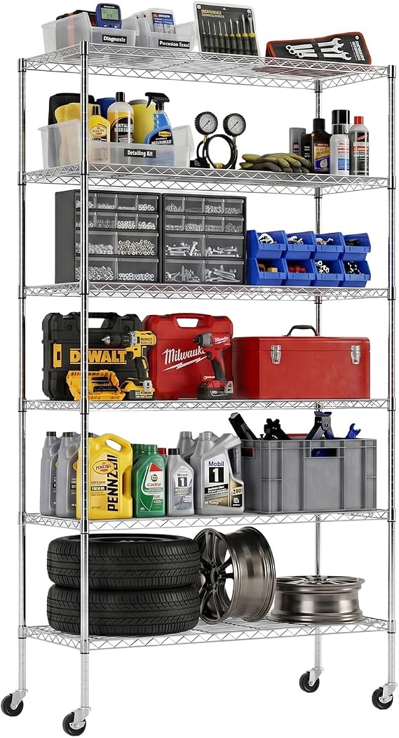 BestOffice Commercial Wire Shelving Unit Metal Shelf Casters Adjustable Layer Rack Strong Steel for Restaurant Garage Pantry Kitchen Garage (451882, Chrome)