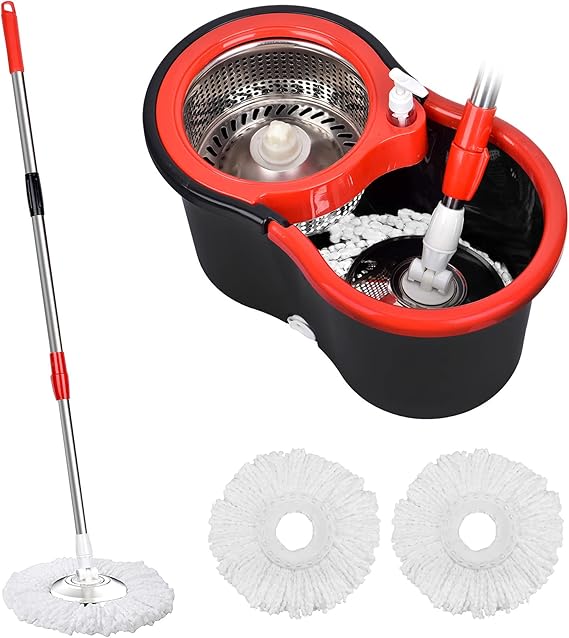 Spin Mop and Bucket, 360 Mop and Bucket with Wringer Set 3 Mop Heads, Stainless Steel Floor Spin Mop Bucket System for Floor Cleaning