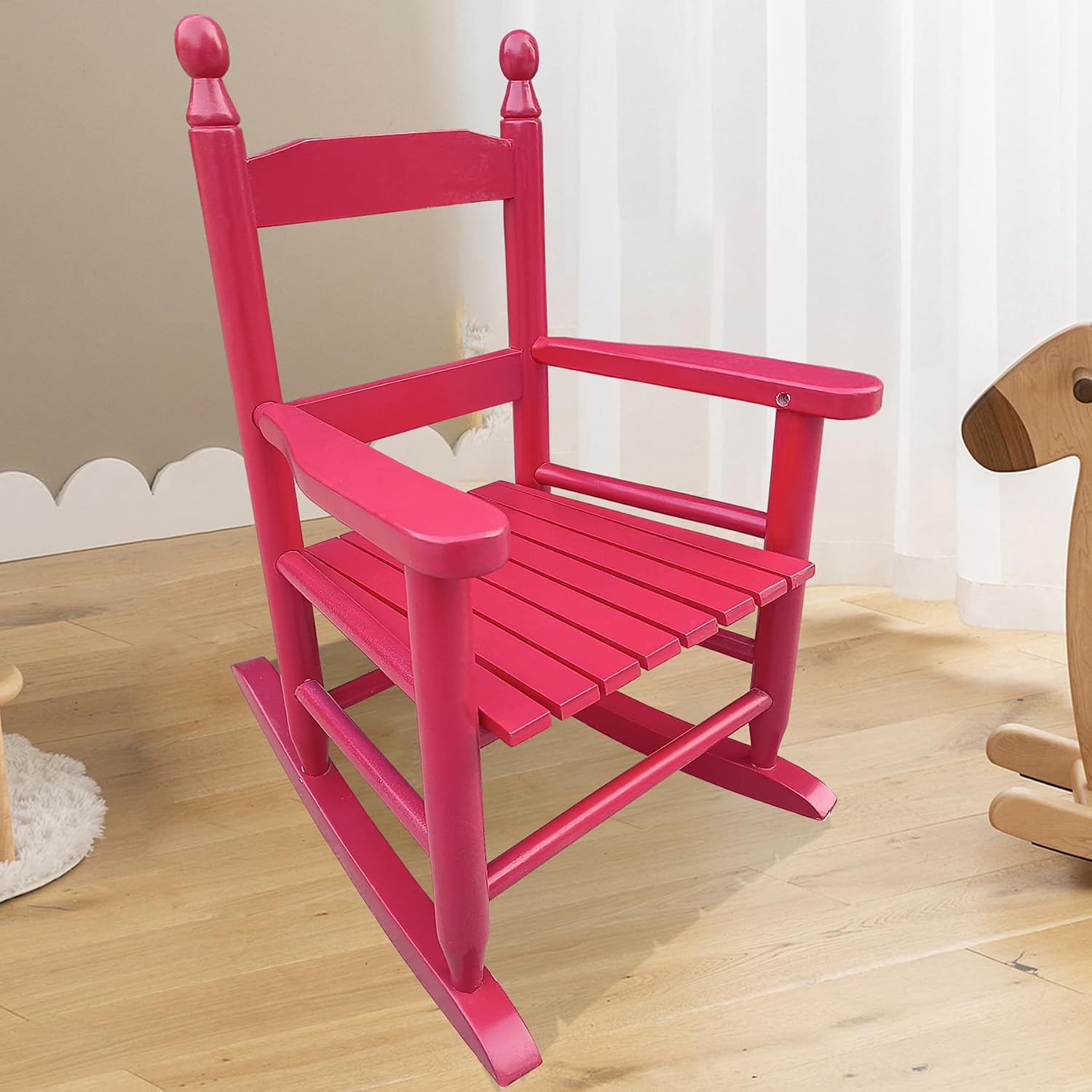 Kids Rocking Chair Ages 3-5, Wooden Porch Rocker with Slatted Back Support for Living Room Indoor & Outdoor, Easy Assembly Rose Red