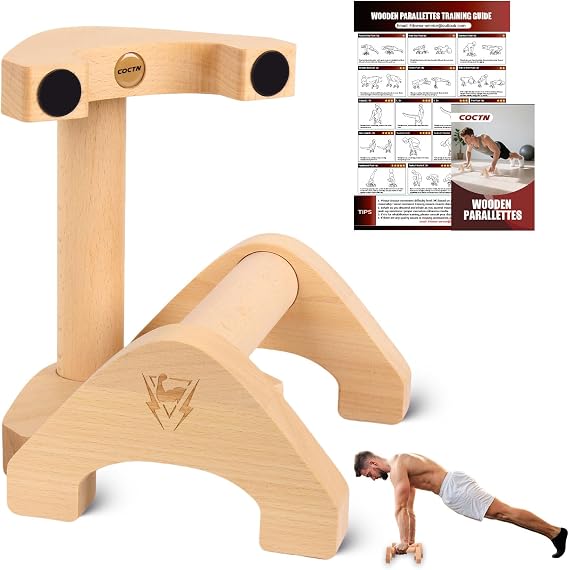 Wooden Push Up Bars, 2 PCS Parallettes with Embedded Non-slip Feet | Solid Beech Wood Build, Non-Slip Stability for Push Ups, Planks, Calisthenics & Home Gym Strength Training, Training Poster