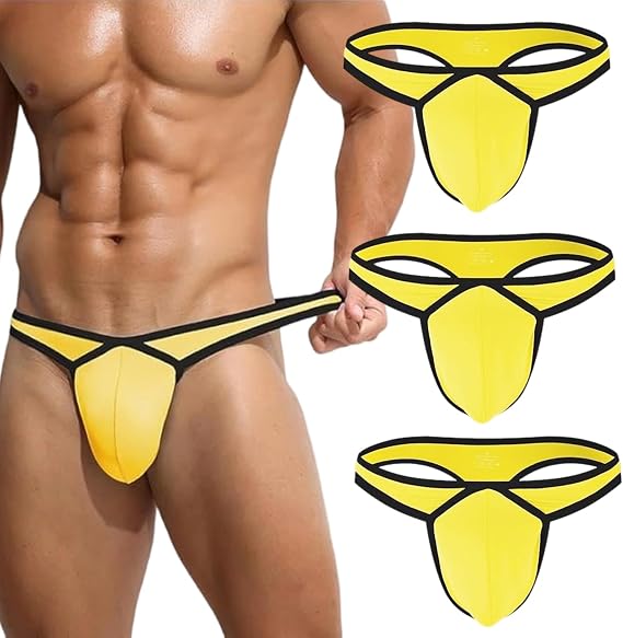 3PC Men's Pouch T Back Thong Underwear, Ice Silk Low Rise Bikini Briefs Underpants Mens Jockstrap Athletic Supporter