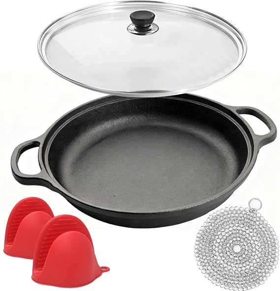 Cast Iron Skillet - Flat Bottomed Frying Pan with Assist Handles,Round Tempered Glass Lid, Cast Iron Scrubber,Silicone Oven Mitts for Stovetop,home baking (8.5 inch)