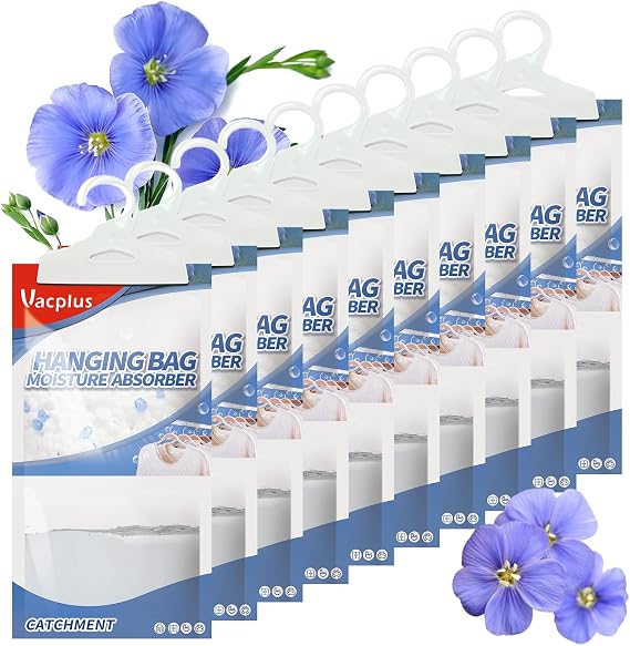 Vacplus Moisture Absorber, 9.8 OZ Hanging, Strong Absorption, Linen Scent | Closet, Enclosed Spaces, Bathroom, Odor Eliminator, Dehumidifier Bags, 10 Pack