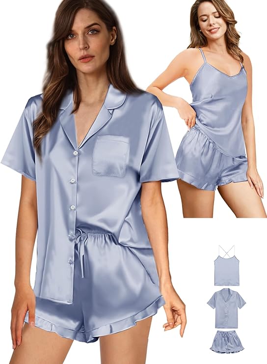 WJing Yi Jia Womens 3Pcs Satin Pajamas Set Ruffle Silk Pajama Sets XS-4XL Sexy Camisole Silky Sleepwear Loungewear Pj Sets