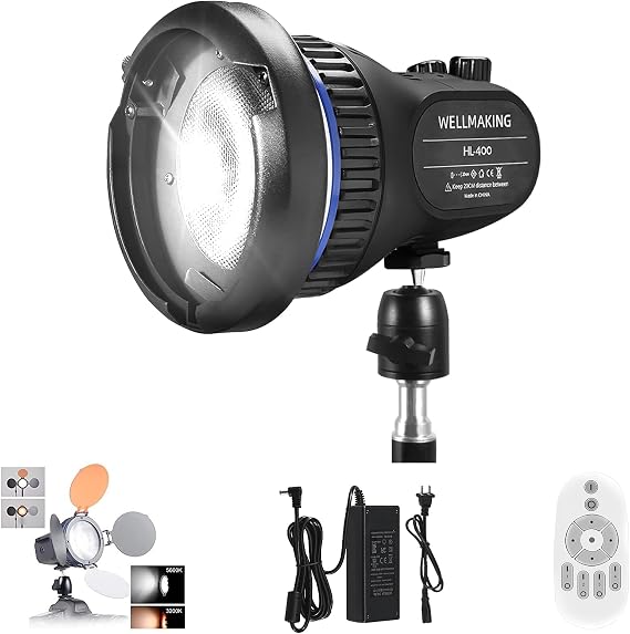 WELLMAKING 40W Portable LED Light CRI97+ 5600K Daylight for Video | Fresnel lens, LCD screen, barndoors, Bowens mount, dimmable output, AC/DC power supply, low noise design