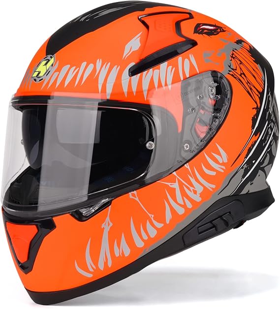 HAX Full Face Motorcycle DOT Approved Helmet with Dual Rear Wing and Pinlock Ready - Lightweight and Durable Motorbike Street Bike Helmet for Adults (Impulse Devour Orange,XL)