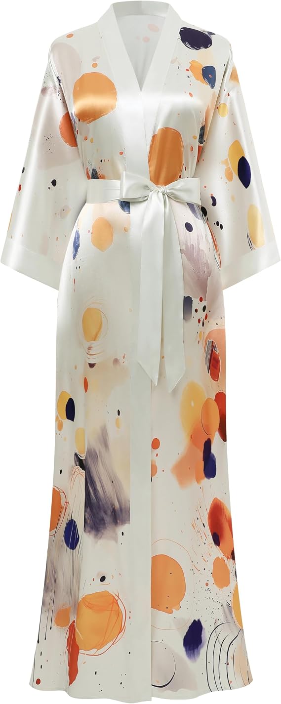 PRODESIGN Women's Satin Kimono Robe Long Floral Print Wedding Sleepwear