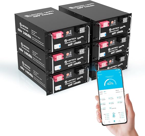 48V 100Ah LiFePO4 Lithium Battery with APP, Built-in 200A BMS, 5.12kWh Capacity, Perfect for Off-Grid, Home Energy Storage, RV, Marine (6Pcs)