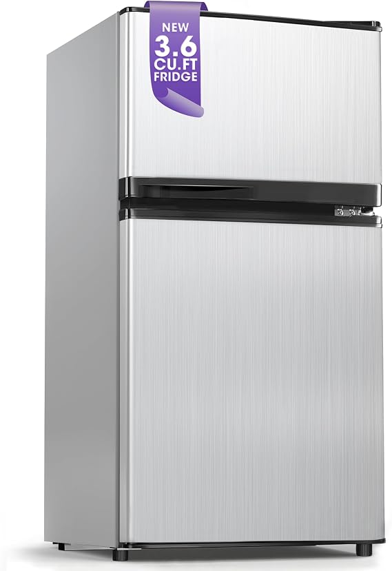 Tehanld 3.6 Cu.Ft Double Door Mini Fridge with Freezer, Compact Refrigerator with Removable Shelves, Low Noise Small Fridge for Dorm, Bedroom, Office and Apartment, Sliver