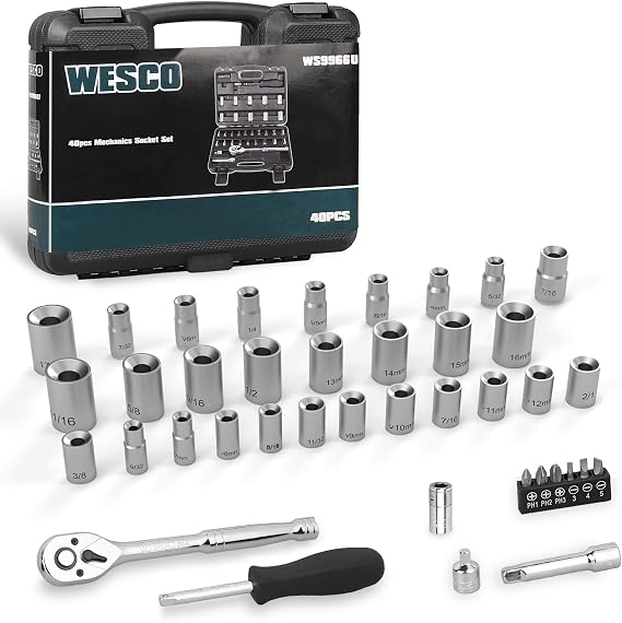 Wesco Socket Set, Wrench, Chrome Vanadium Steel, 20-Piece