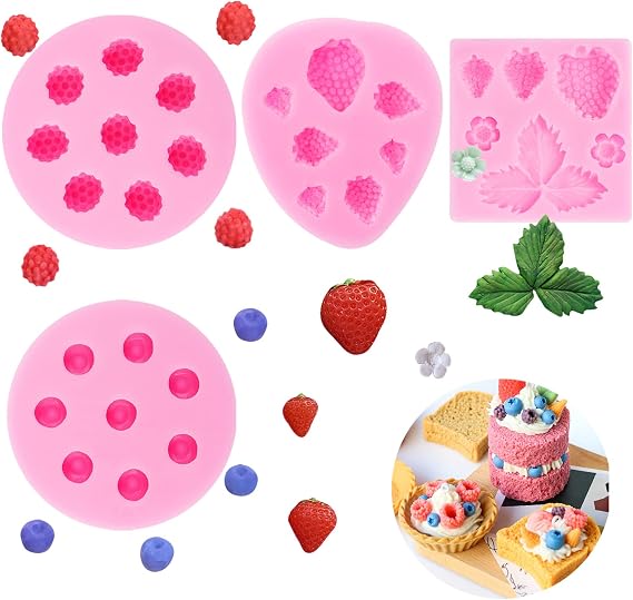 Blueberry Silicone Mold 4 Pcs, Mini Strawberry Silicone Fondant Mold For Chocolate Fruit Raspberry Chocolate Candle Soap Mold Cupcake Embeds Candles