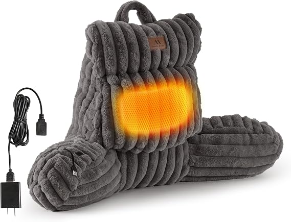 Amelie Home Heated Faux Fur Reading Pillow 3 Temperature Backrest for Sitting in Bed Support Cushion, USB-Powered(No Power Bank Included) Warming (113F-131F), 3H Auto Shutoff, Grey, 18 Inches
