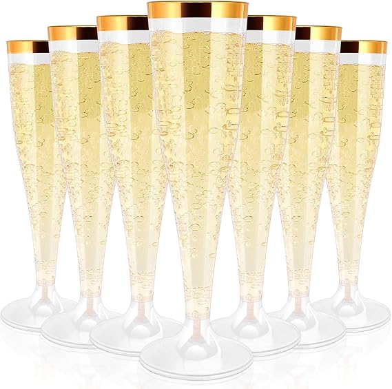 50 Pack Plastic Champagne Flutes Disposable, Gold Rim, 4.5 Oz | Champagne Glasses, Clear Disposable Champagnes Flute, Mimosa Glasses Plastic Toasting Glass for Wedding Party Supplies
