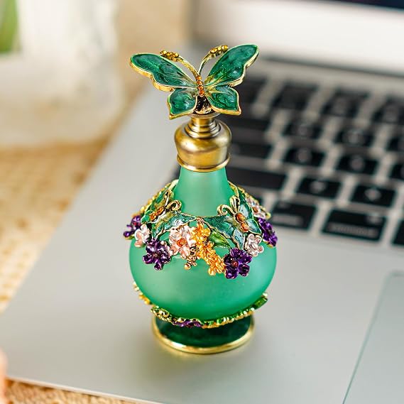 YU FENG Vintage Decorative Perfume Bottle, Crystal Refillable Scent Bottle | 24ml Butterfly Flower Embellished Design, Empty Glass Fragrance Holder, Retro Round Bottle, Vanity Dresser Decor