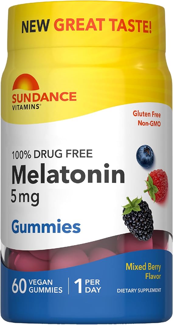 Sundance Melatonin Gummies 5mg | 60 Count | Mixed Berry Flavor | Vegan, Non-GMO & Gluten Free Supplement for Adults