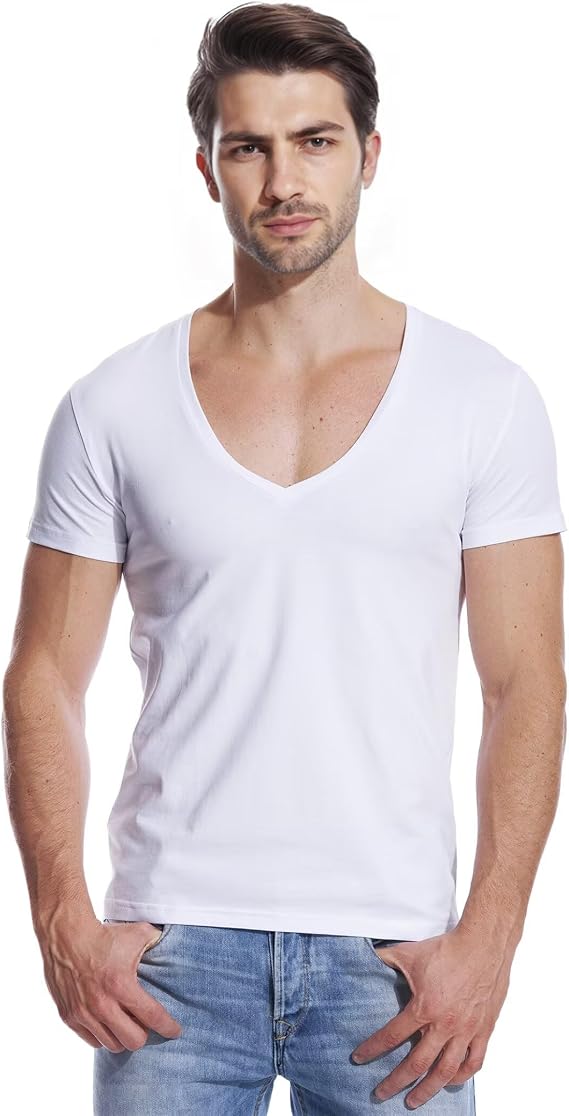 Mens Deep V Neck T Shirts Vneck Tshirt Low Cut Undershirts Slim Fit Short Sleeve Tees Casual