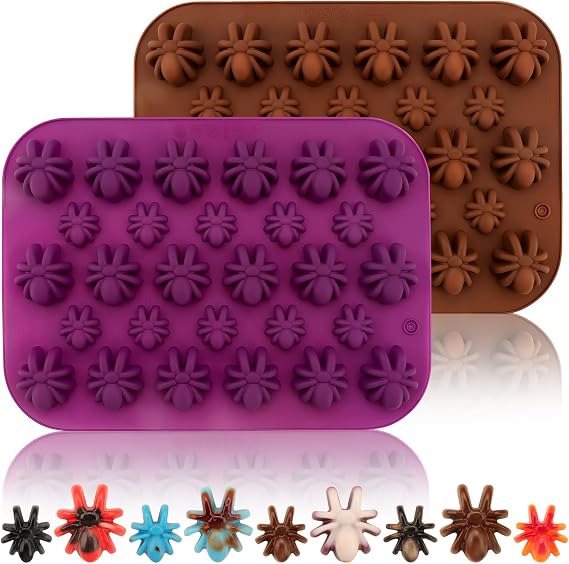 Halloween Silicone Chocolate Molds 2PCS Spider Shape Baking Molds for Chocolate Jelly Soap Fondant Candy Candles Pastry Gummies Cake Decorating 28 cavities,Mediumes-Small Size,Purple,Brown