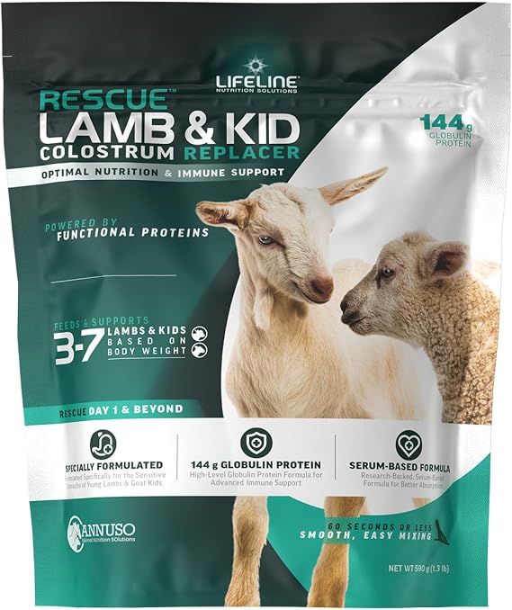 ANNUSO LIFELINE Rescue Lamb & Kid Colostrum Replacer, 1.3lb Bag - 144g Globulin Protein for Newborn Goats & Lambs - Immune Support, Fat, Vitamins, Minerals - Serum-Based, Easy-Mix Formula