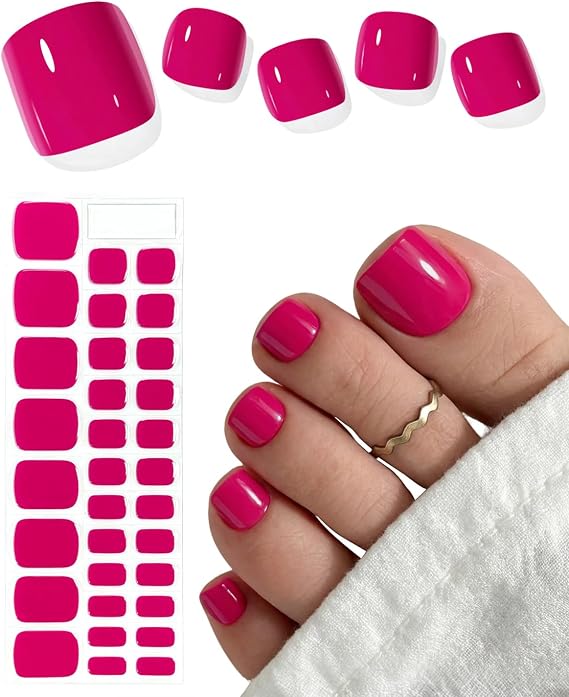 AutyaMee Semi Cured Gel Toenail Strips (Berry Pink T), 32 Pcs Gel Pedi Stickers, Wraps, Salon Quality, Sun-Cured or UV-Cured