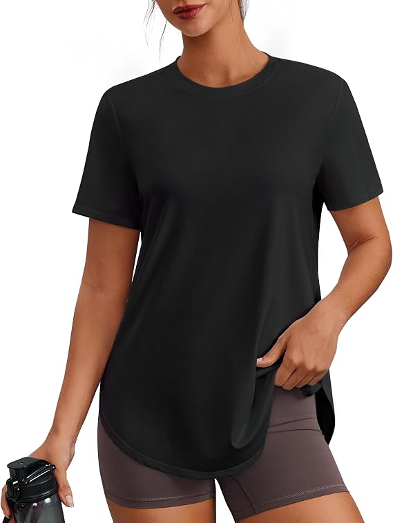PINSPARK Workout Tops for Women UPF 50+ Hip Length Athletic Shirts S-3XL | Crew Neck, Side Slits, Loose Fit, Ultra-soft, Quick Dry, Running, Exercise, Gym, Hiking, Women Short Sleeve T Shirt