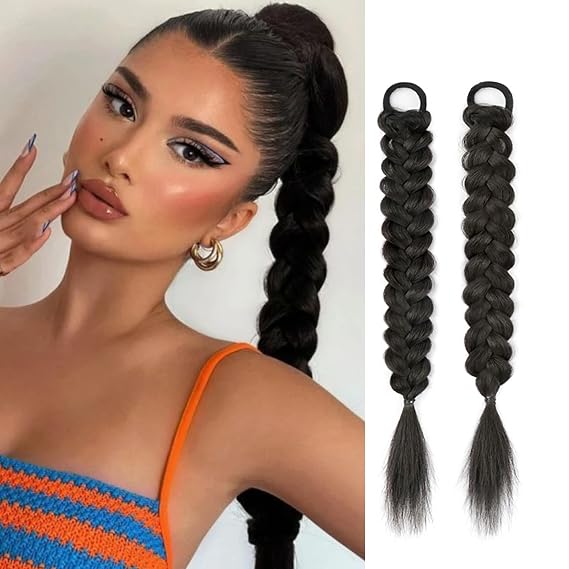 2Pcs Braided Ponytail Extensions with Hair Ties Soft Synthetic Hair Pieces for Women Girls Daily Wear 16 Inch ( Natural black)