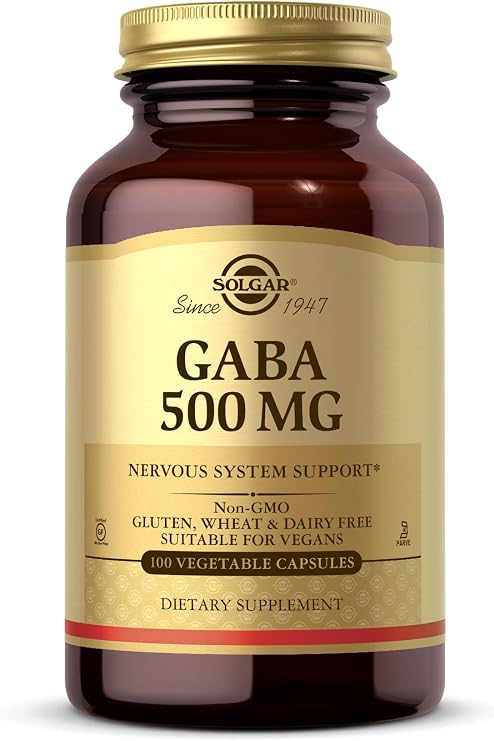 Solgar GABA 500 mg, 100 Vegetable Capsules, Nervous System Support | Amino Acid - Non-GMO, Relaxation, Vegan, Gluten Free, Dairy Free, Kosher - 100 Servings