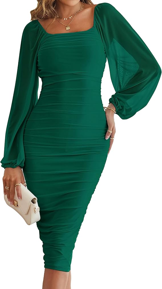 MEROKEETY Women's Fall Wedding Guest Cocktail Formal Midi Dress | Long Sleeve, Square Neck, Bodycon, Mesh Ruched, Homecoming, Night Out, Party, Elegant, 2026 Winter, Long Dress