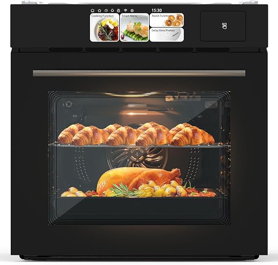 GarveeTech Single Wall Oven 24 in, Built-in Electric Ovens with 8 Cooking Mode, 3000W, 240V, 2.5Cu.ft Convection Built-in Oven, Stainless Steel, Colorful Touch Screen, Transparent Window, Black
