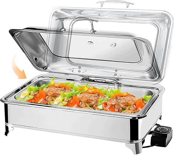 8QT Chafing Dish Buffet Set, Stainless Steel Chafer, Buffet Servers and Warmers Set, Rectangular Catering Food Warmers for Parties with Folding Frame (Size:1/1)