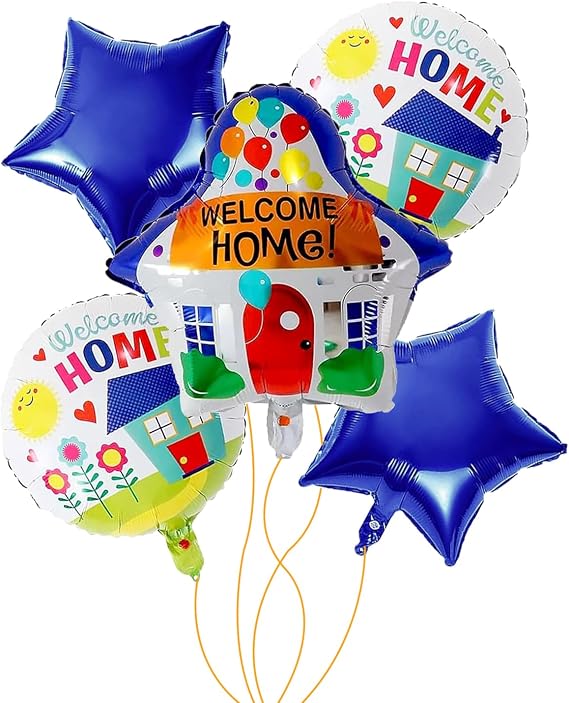 Welcome Home Balloons - House Shaped Balloons for House Warming & Welcome Back Parties - Blue Star Foil Mylar Balloons