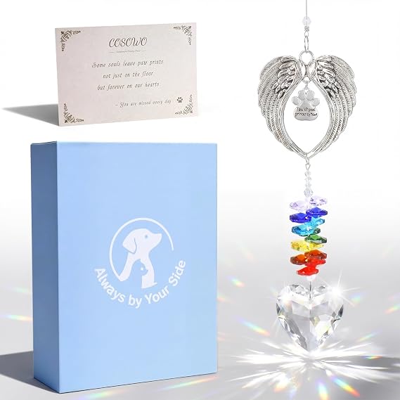 Handcrafted Pet Memorial Crystal Ornament Rainbow Prism Sun Catcher with Keepsake Card, Sympathy Gift for Loss of Dog or Cat Paw Designs, Heart