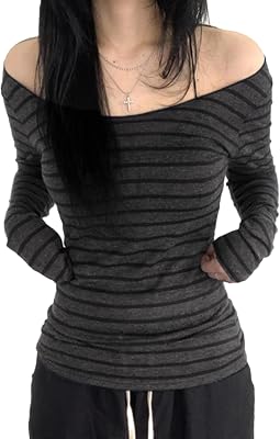 EMMIOL Off The Shoulder Tops for Women Striped Long Sleeve Shirts Going Out Top Y2k Fall Clothes