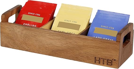 HTB Acacia Wood Small Tea Bag Box with 3 Compartments for Counter Drawer | Tea Bag Chest with Handle, Mini Countertop Divided Storage Container for Beverage Supplies, Sugar, Sweeteners