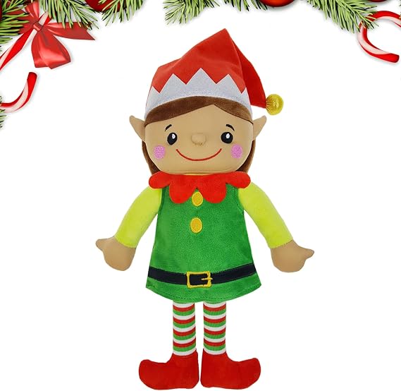 16" H Adorable Plush Christmas Elf Soft Stuffed Santa's Little Helper Adorable Handmade Plush Boy Elf (Tan Boy Elf)