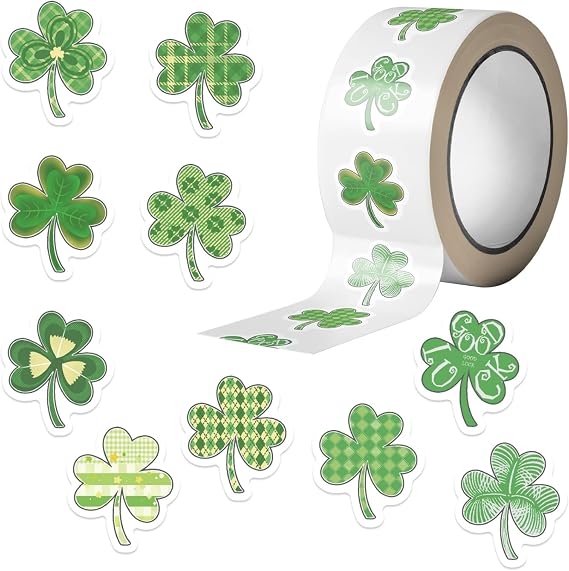 500PCS Clover Day Stickers Roll 10 Different Patterns Clover Stickers Party Favors Decals Vinyl Waterproof Sticker Cute Sticker Pack(500 Per Roll) (Clover)